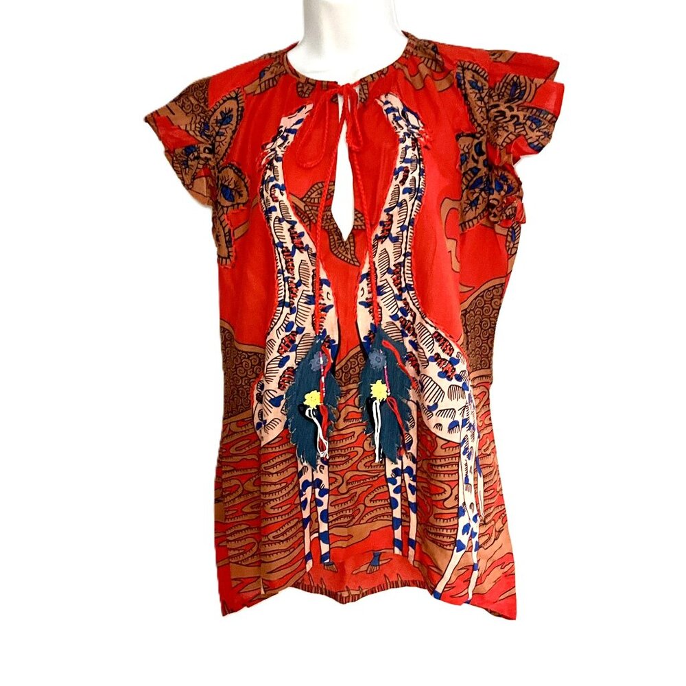 Connor & Blake Red Cotton Printed Boho Tunic Blouse Tassel Tie Neck Size S